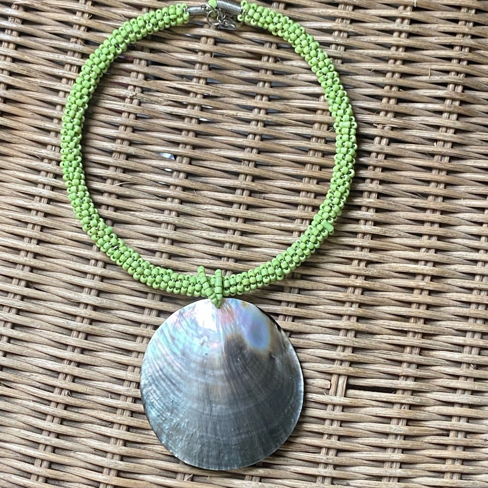 Green and Silver Necklace with Shell Pendant